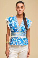 Pippa Block Print Top | Japanese Flower Cobalt