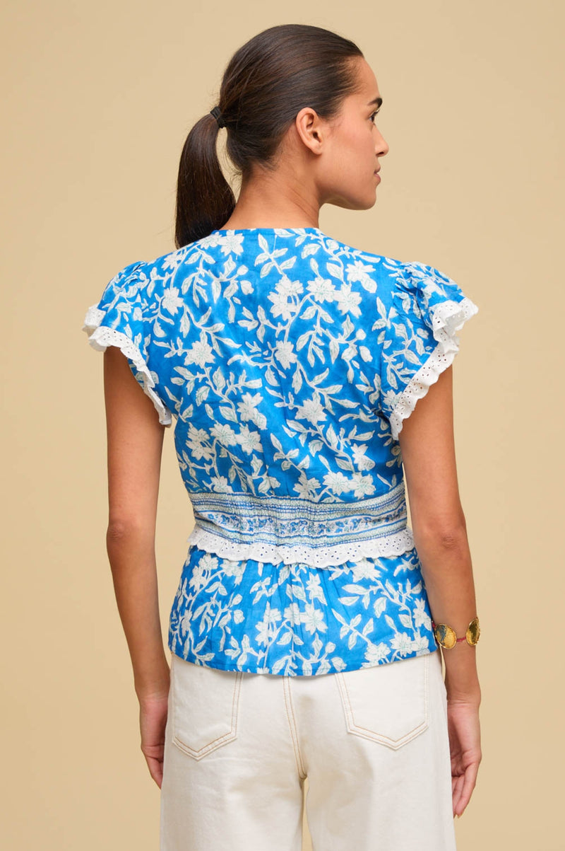 Pippa Block Print Top | Japanese Flower Cobalt