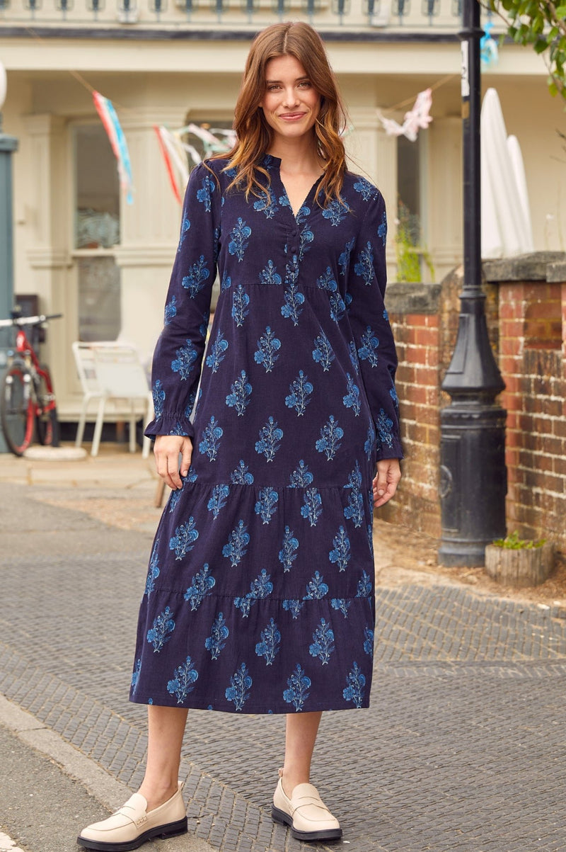 Liv Printed Corduroy Dress | Flower Print Navy