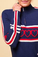 Merino Wool Stripe Hearts Quarter Zip | Navy/Cream/Red