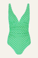 Recycled V-Neck Ruched Swimsuit | Diamond Geo Green