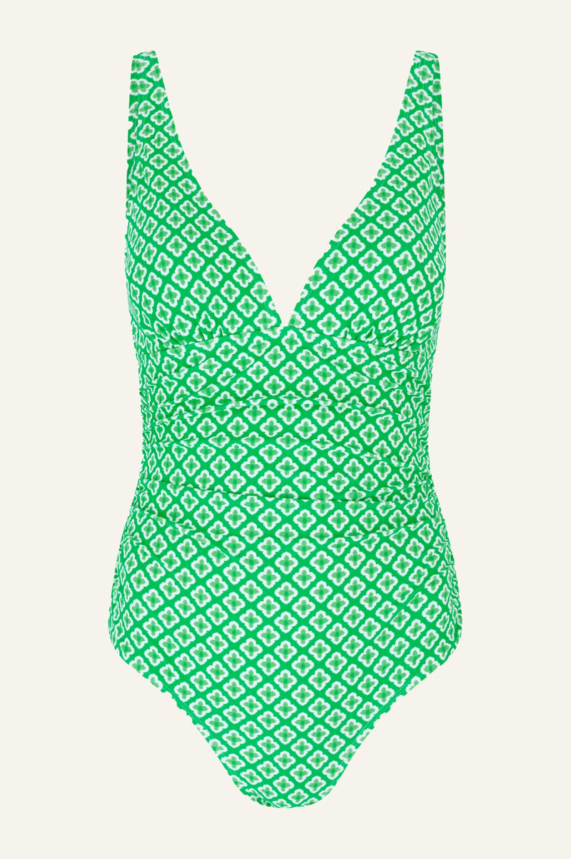 Recycled V-Neck Ruched Swimsuit | Diamond Geo Green