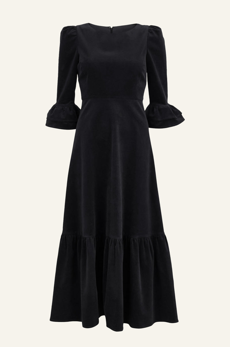 Victoria Round Neck 3/4 Sleeve Stretch Corduroy Dress | Black