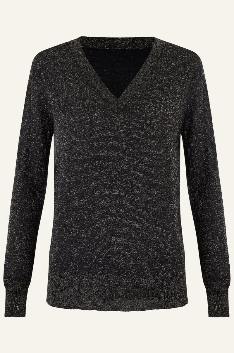 Metallic Knit V-Neck Jumper | Black/Gold