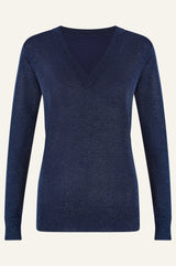 Metallic Knit V-Neck Jumper | Navy/Blue