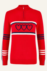 Merino Wool Stripe Hearts Quarter Zip | Red/Navy/Cream