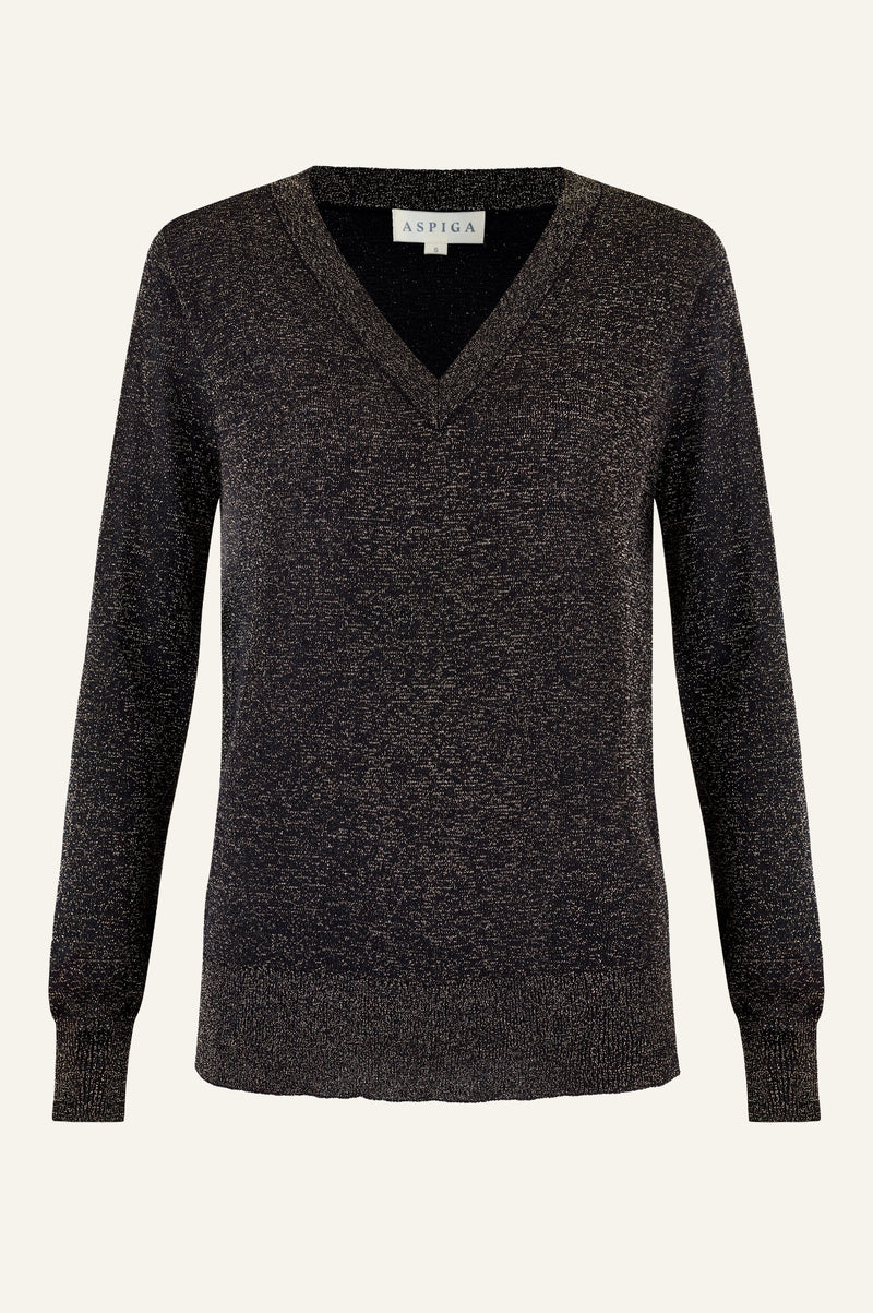 Metallic Knit V-Neck Jumper | Black/Gold