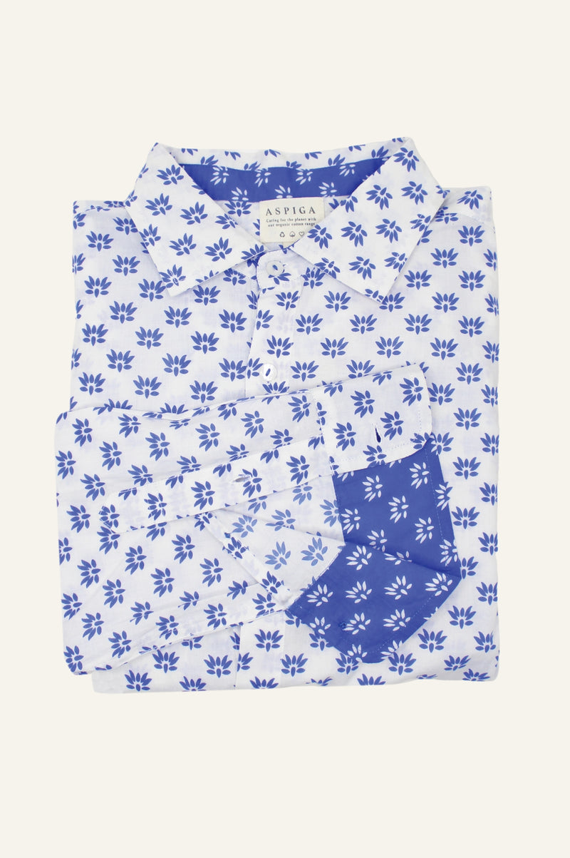 Men's Printed Cotton Shirt | Lotus Bud White/Blue