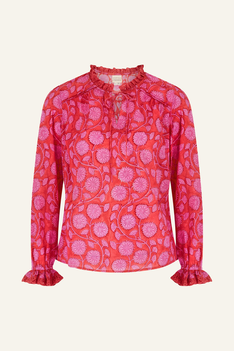 Rosie Organic Cotton Block Print Blouse | Mara Red/Pink