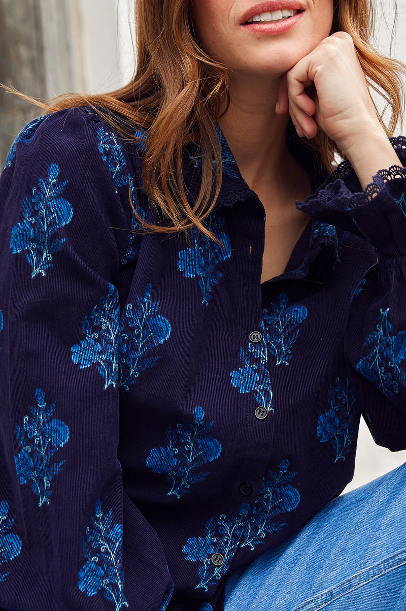 Amaya Corduroy Blouse | Flower Print Navy