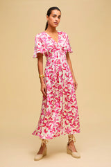 Anais Hammered Satin Dress | Paisley Floral Cream/Red/Pink