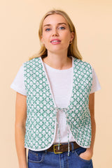 Arlo Quilted Organic Cotton Gilet | Flower Stamp Sage/White