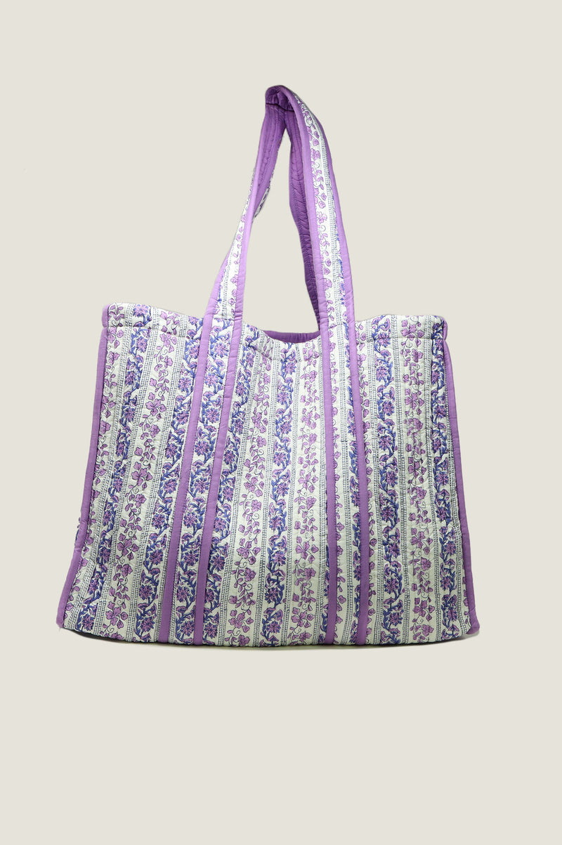 Quilted Block Print Tote Bag | Linear Botanical Blue/Purple