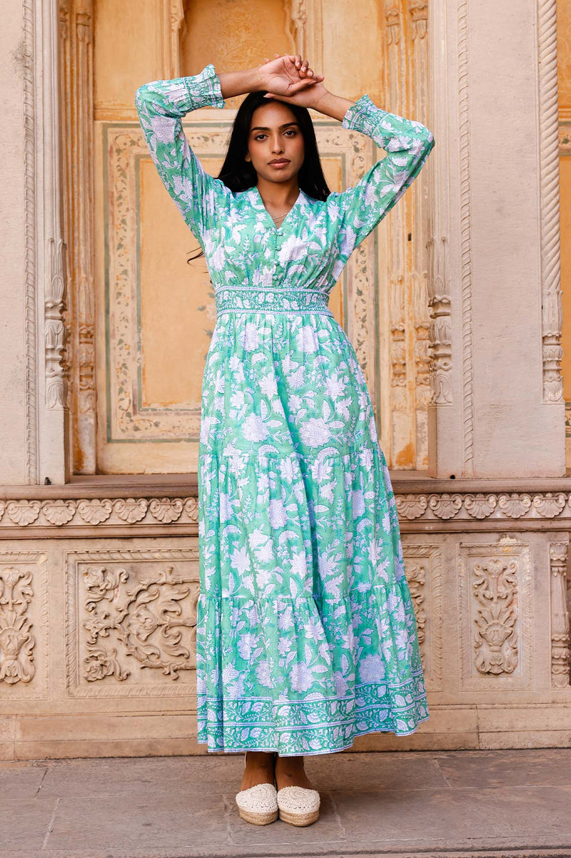 Billie Organic Cotton Block Print Dress | Lotus Green/Blue