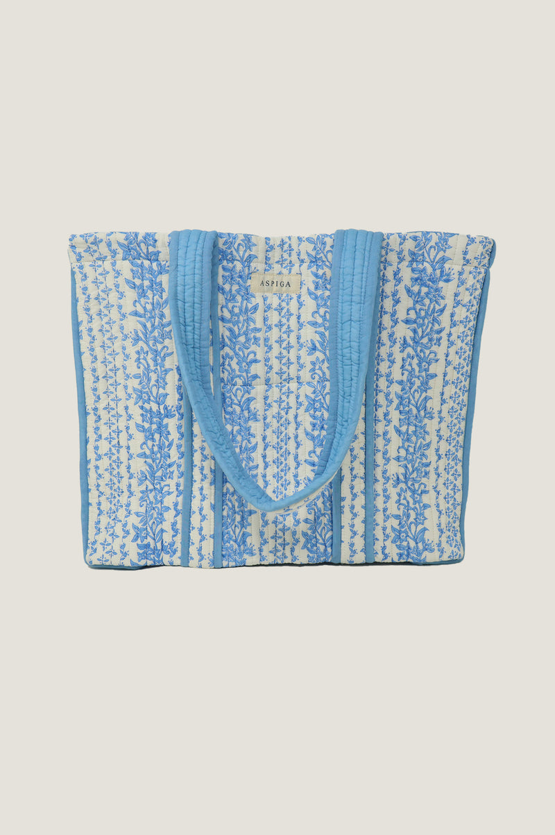 Quilted Block Print Tote Bag | Lily Line Print Blue