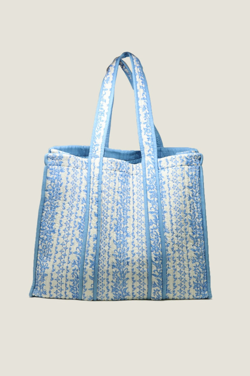 Quilted Block Print Tote Bag | Lily Line Print Blue