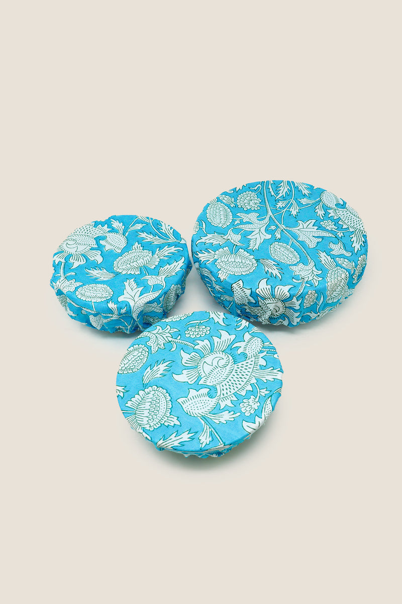 Set Of 3 Block Print Bowl Covers | Tea Rose Blue