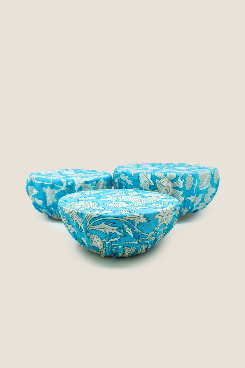 Set Of 3 Block Print Bowl Covers | Tea Rose Blue