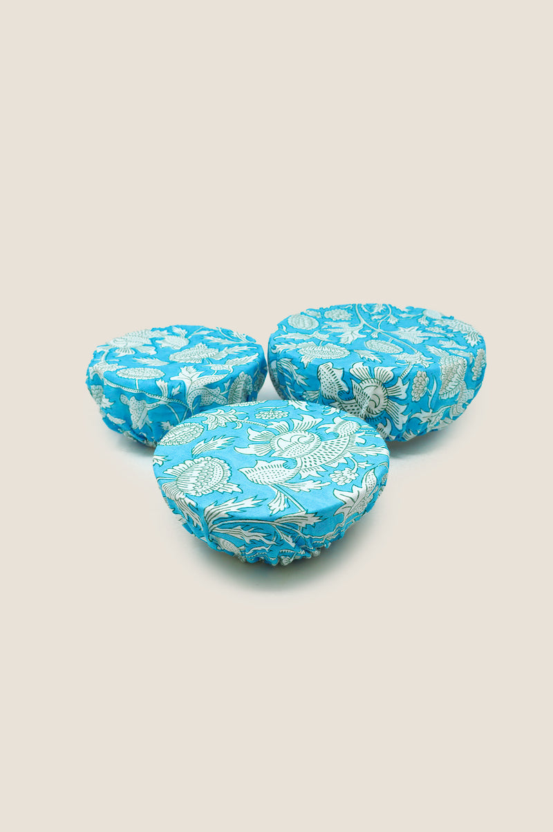 Set Of 3 Block Print Bowl Covers | Tea Rose Blue