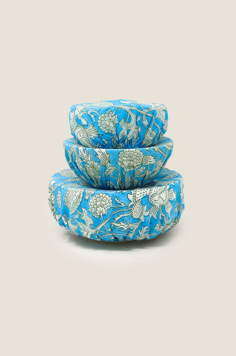 Set Of 3 Block Print Bowl Covers | Tea Rose Blue