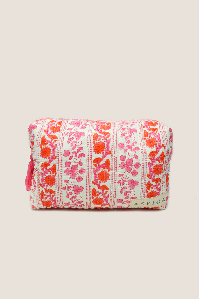 Medium Block Print Wash Bag | Linear Botanical Orange/Pink