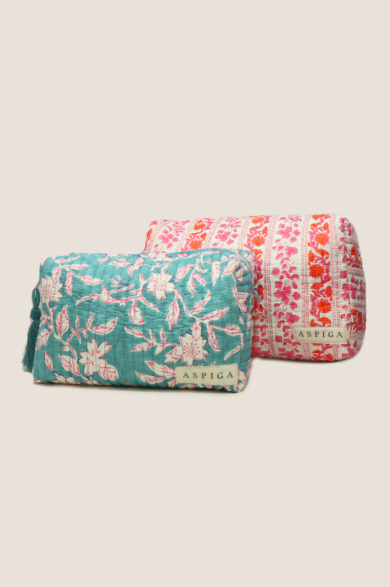 Medium Block Print Wash Bag | Japanese Flower Sea Green