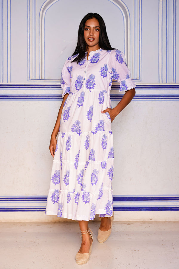 Cordelia Organic Cotton Block Print Dress | Pansy Buta White/Blue