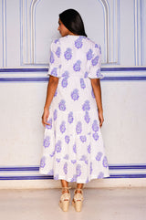 Cordelia Organic Cotton Block Print Dress | Pansy Buta White/Blue