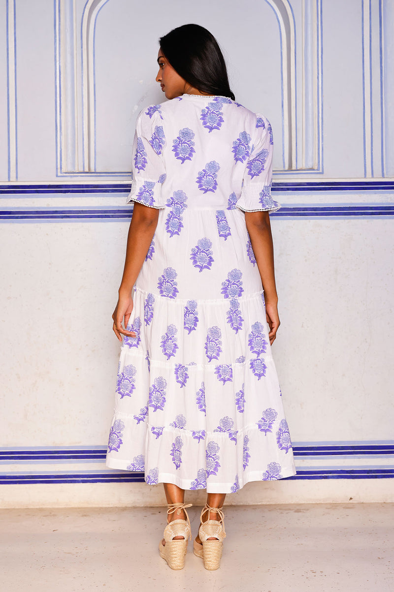 Cordelia Organic Cotton Block Print Dress | Pansy Buta White/Blue