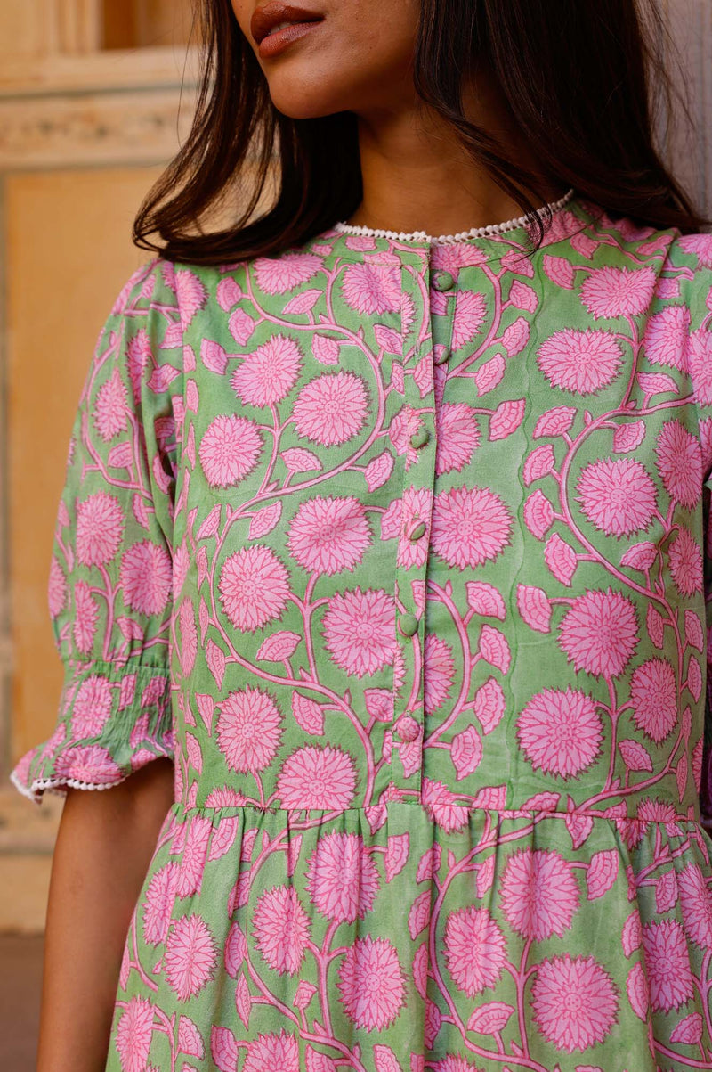 Cordelia Organic Cotton Block Print Dress | Mara Green/Pink