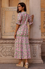 Cordelia Organic Cotton Block Print Dress | Mara Green/Pink