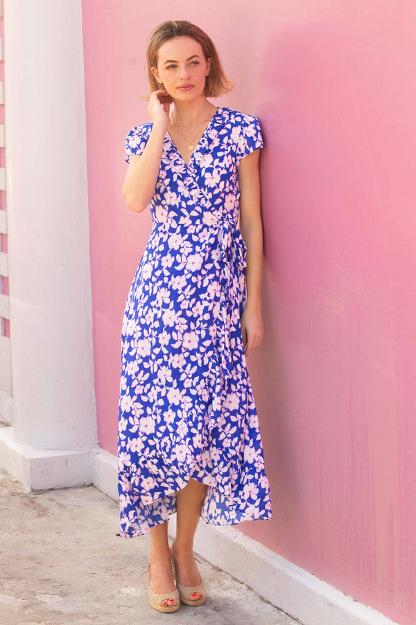 Demi EcoVero Wrap Dress | Blossom Cobalt/Pink