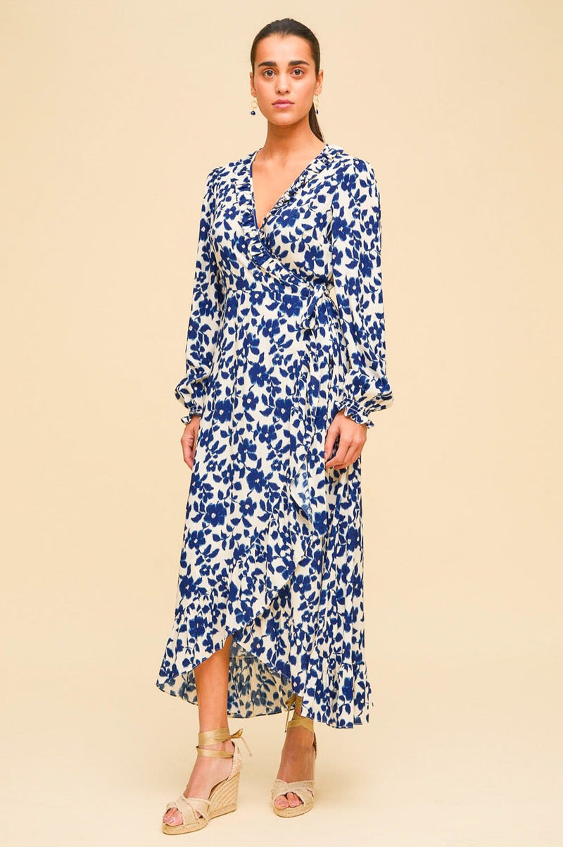 Demi Long Sleeve EcoVero Wrap Dress | Cream/Navy