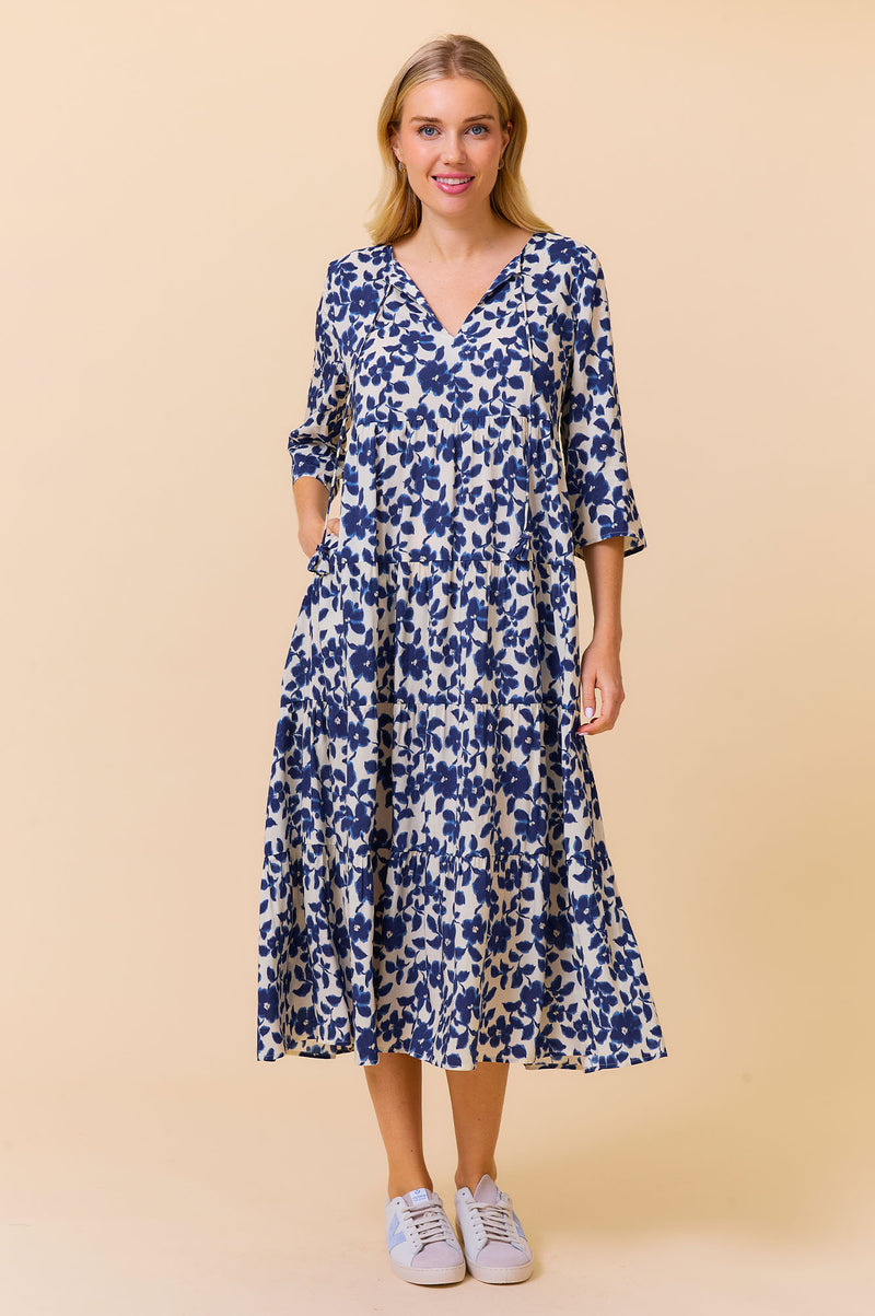 Emma EcoVero Midi Dress | Blossom Cream/Navy