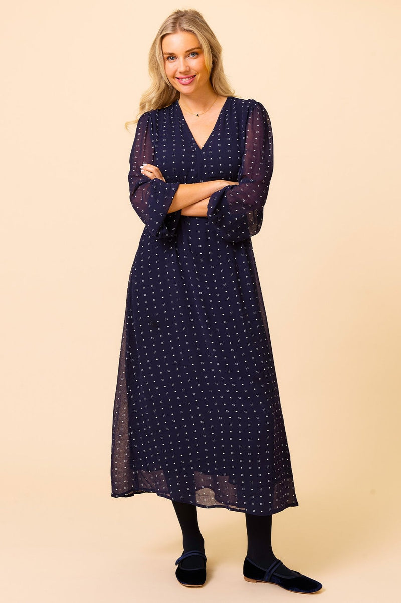 Evelyn Dress | Flower Polka Dot Navy/White