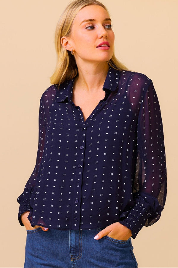 Ffion Blouse | Flower Polka Dot Navy/White