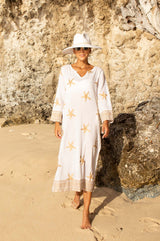 Guadalupe Maxi Organic Cotton Tunic | Starfish White/Gold