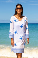 Guadalupe Short Organic Cotton Tunic | Starfish White/Cobalt