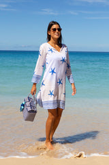 Guadalupe Short Organic Cotton Tunic | Starfish White/Cobalt