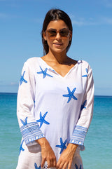 Guadalupe Short Organic Cotton Tunic | Starfish White/Cobalt