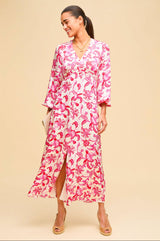 Hannah Satin Dress | Paisley Floral Cream/Red/Pink