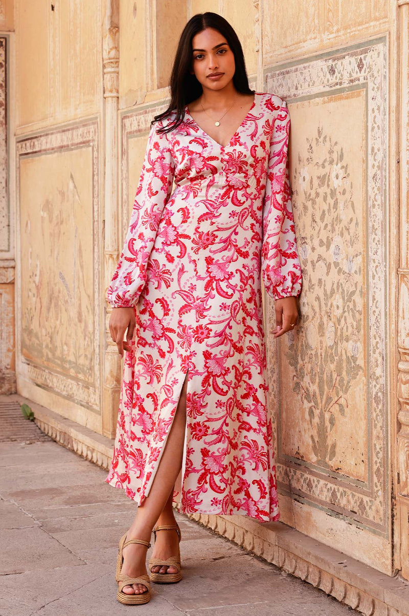 Hannah Satin Dress | Paisley Floral Cream/Red/Pink