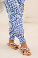 Harem Organic Cotton Trousers | Flower Stamp Cornflower/White