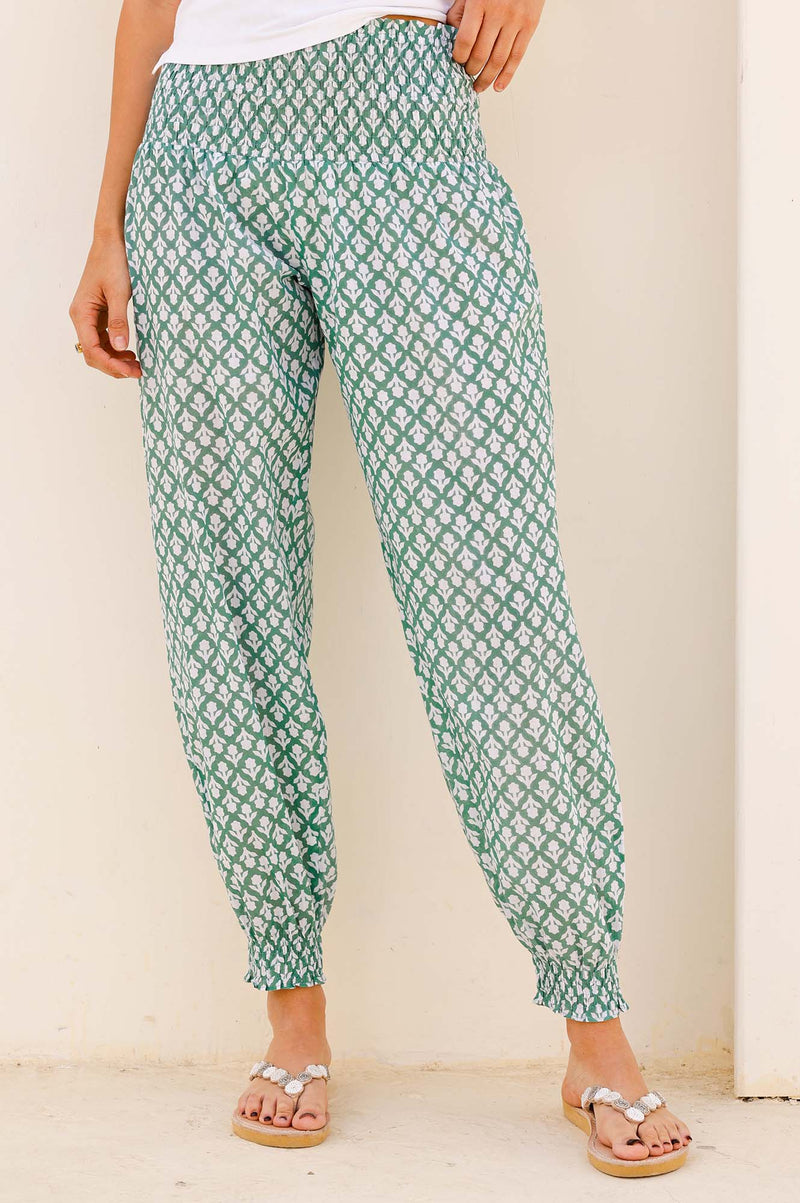 Harem Organic Cotton Trousers | Flower Stamp Sage/White