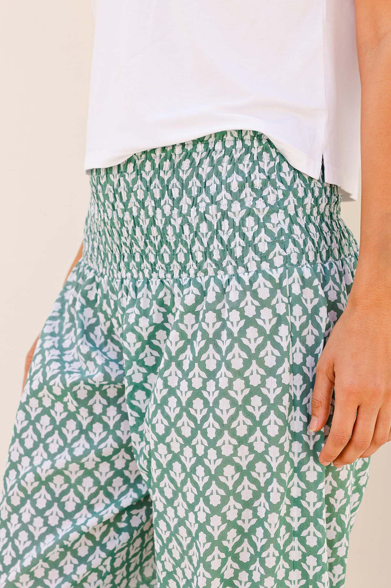 Harem Organic Cotton Trousers | Flower Stamp Sage/White