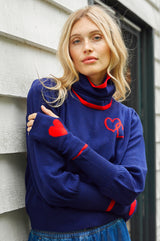 Merino Wool Hearts Crew Neck Jumper | Navy/Red