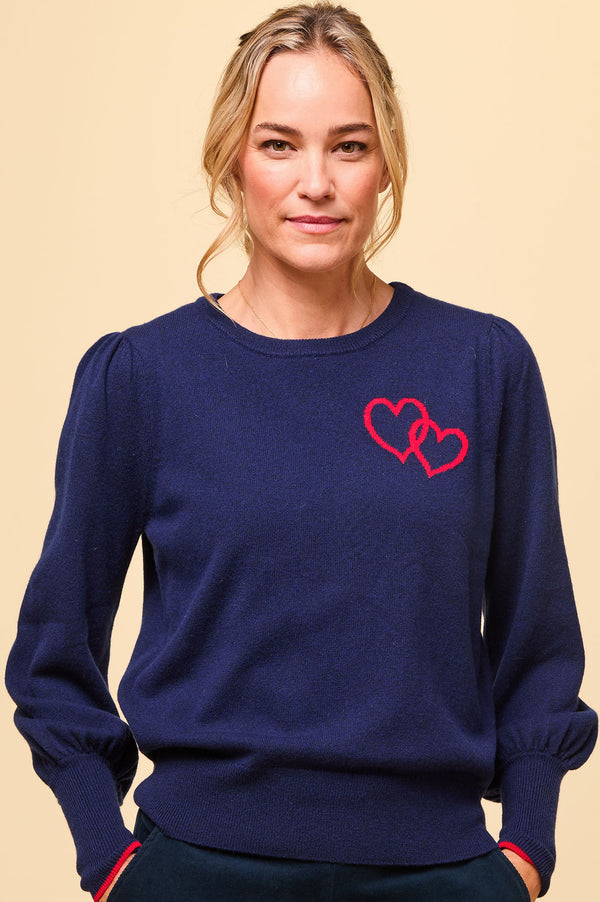 Merino Wool Hearts Crew Neck Jumper | Navy/Red