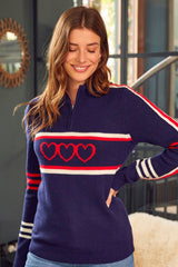 Merino Wool Stripe Hearts Quarter Zip | Navy/Cream/Red