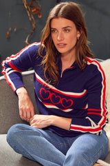 Merino Wool Stripe Hearts Quarter Zip | Navy/Cream/Red