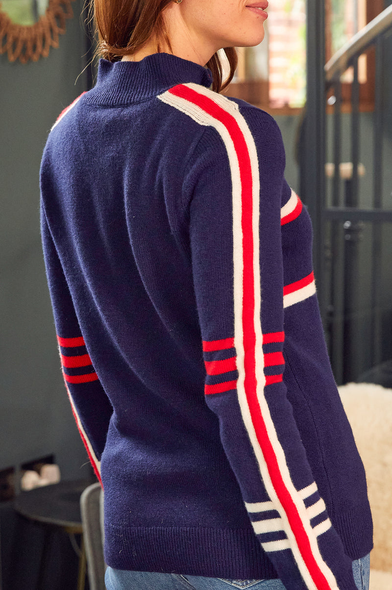 Merino Wool Stripe Hearts Quarter Zip | Navy/Cream/Red